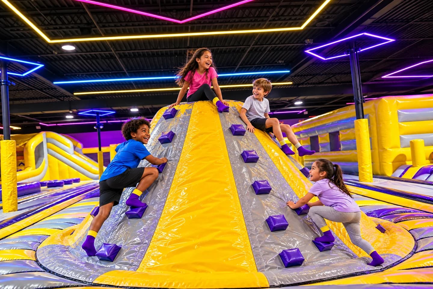 Children climbing a yellow and gray inflatable mountain