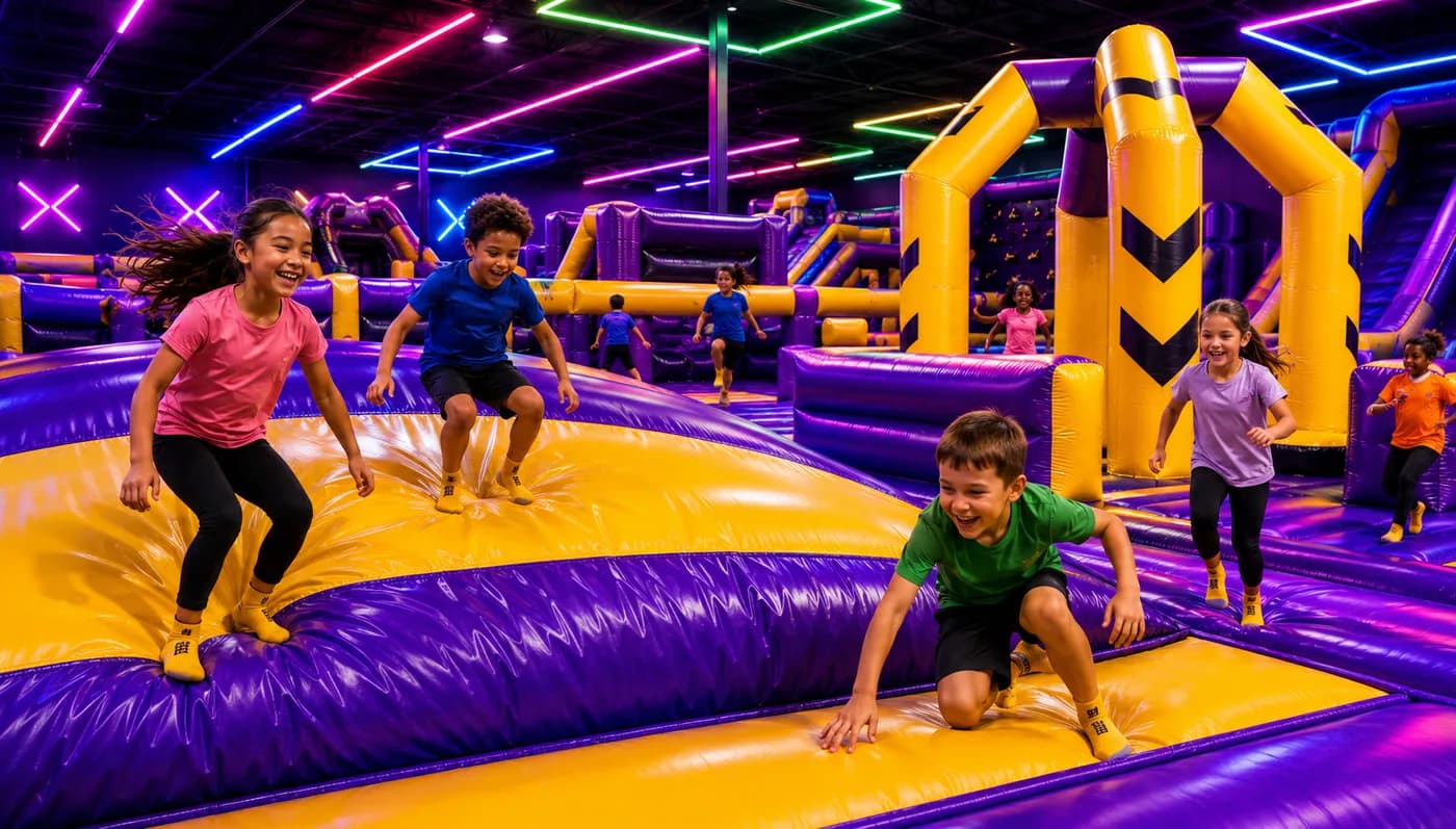 Kids playing across a bright inflatable obstacle course and slides at Super Llama Inflatable Park