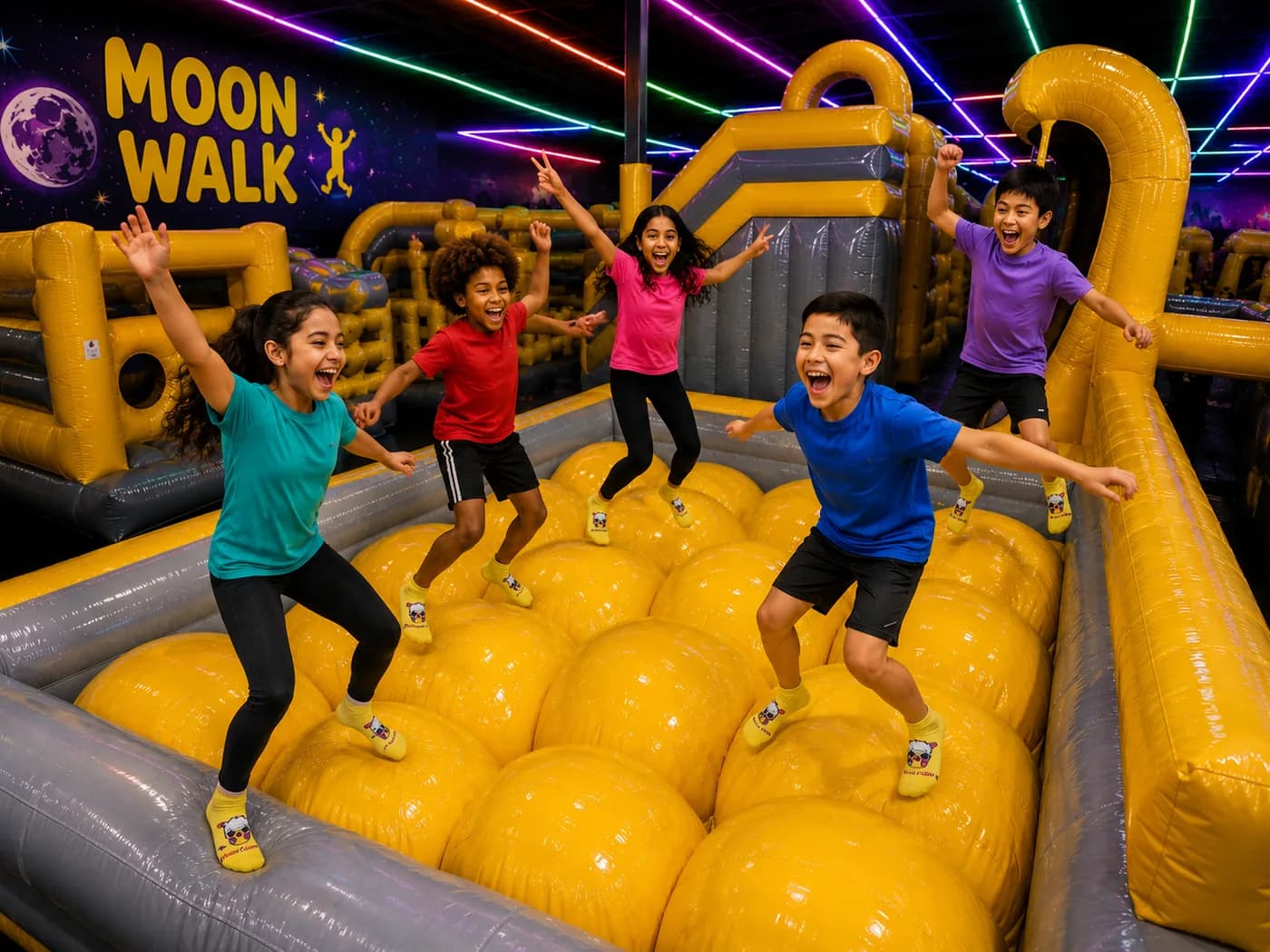 Kids jumping in a bright indoor inflatable play area