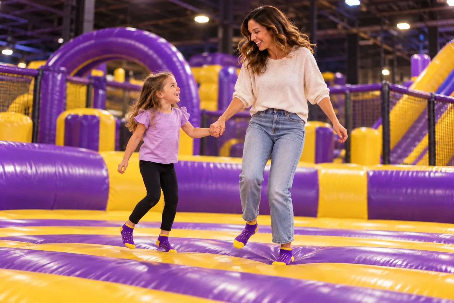 Generated campaign scene of a mother and child bouncing together on purple and yellow inflatables