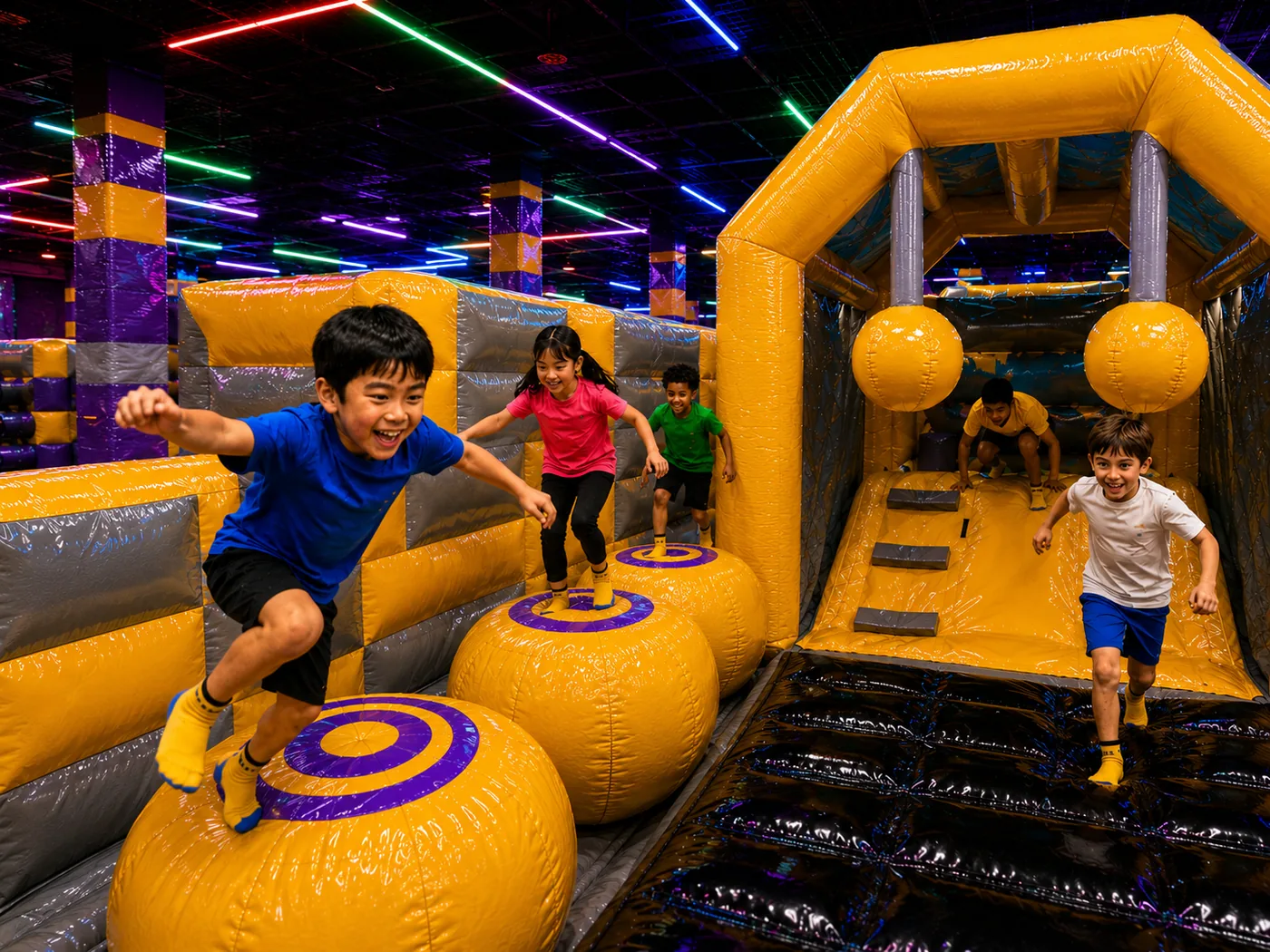 Kids playing arcade games and inflatables at Super Llama Inflatable Park